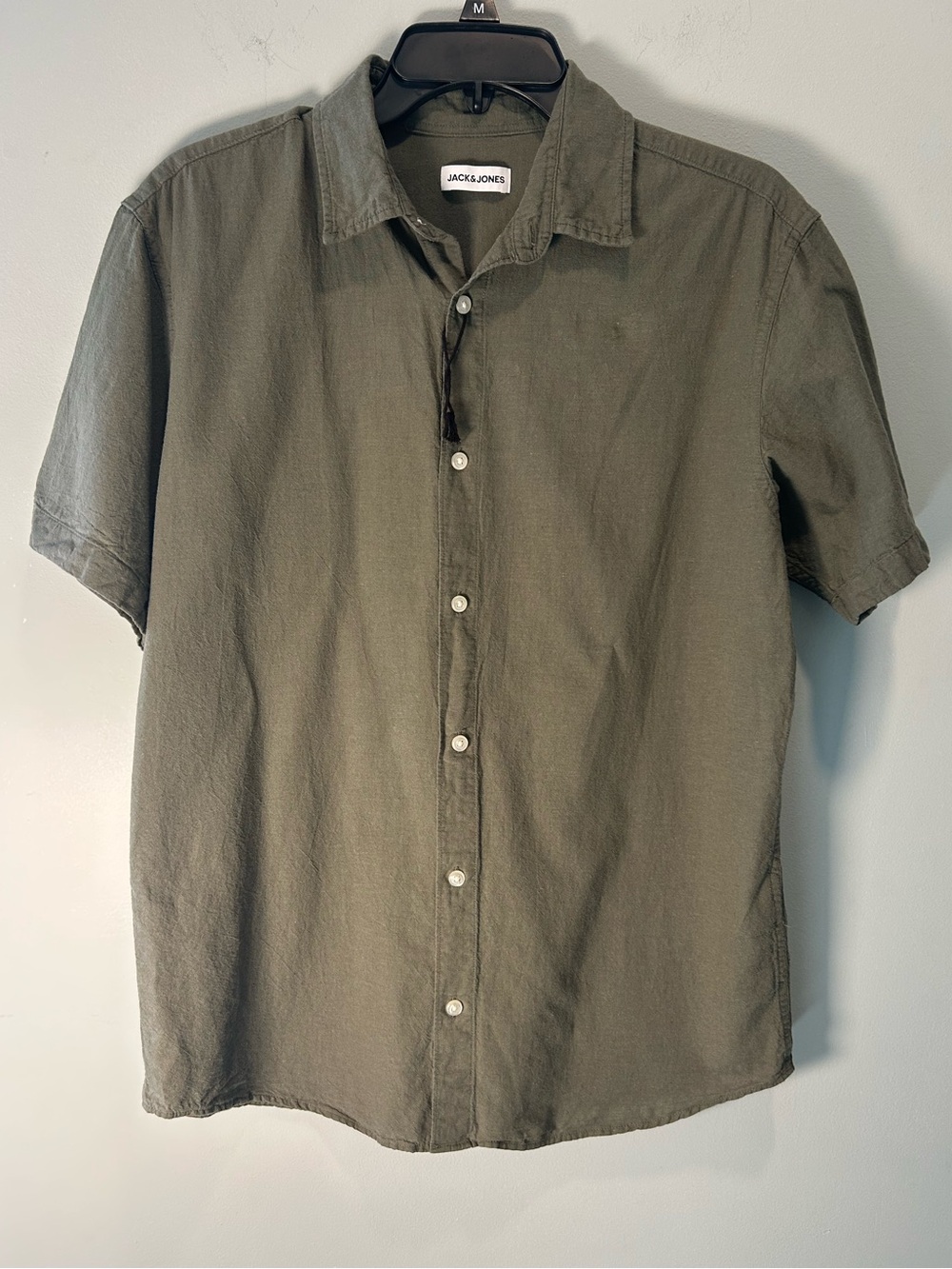 Jack & Jones Men’s Olive Green Button Down Short Sleeve Linen Blend Shirt Medium